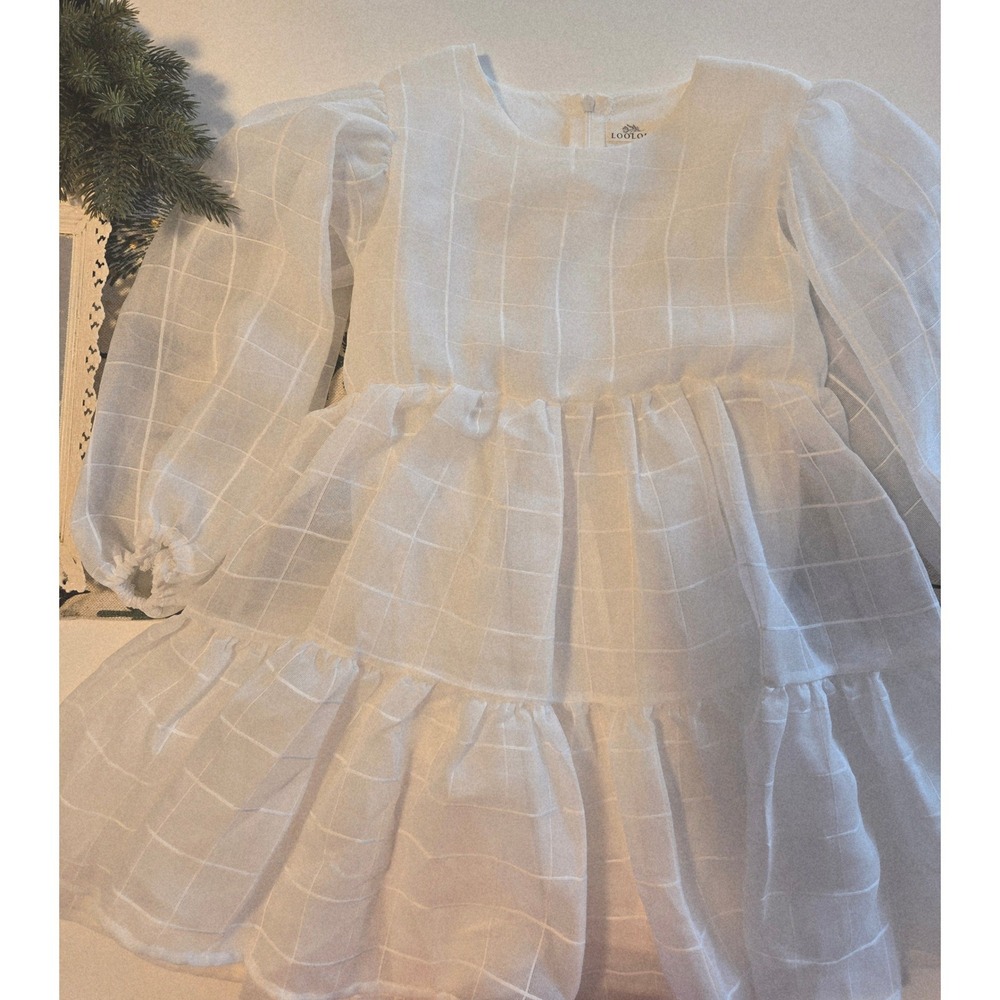LOOLOUS White Grid Organza Puff Sleeve Tiered Dress Girls Size 7 8‎